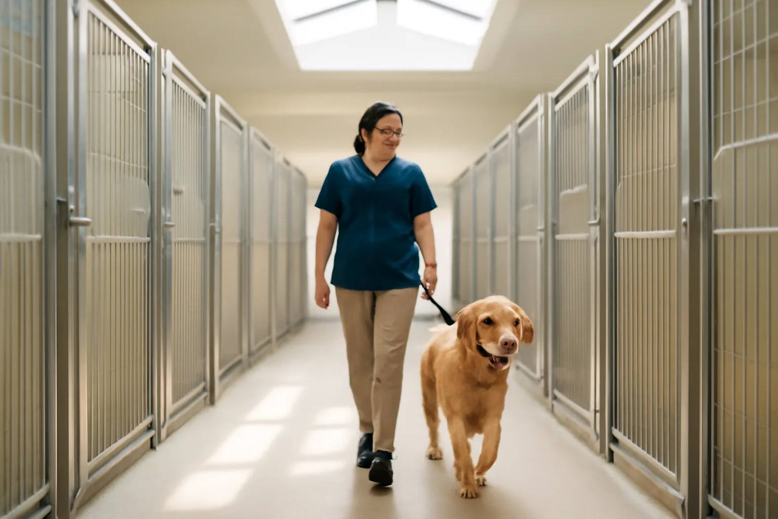 Indoor pet boarding kennel hallway in Charlotte with staff walking a dog past empty runs