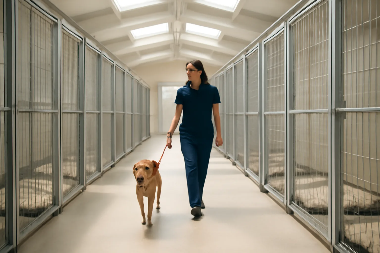 Indoor pet boarding kennel hallway with clean dog runs and a staff member walking a dog