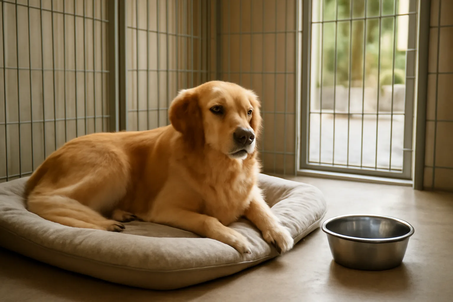 Golden retriever resting in a clean sunlit kennel run at a dog boarding facility