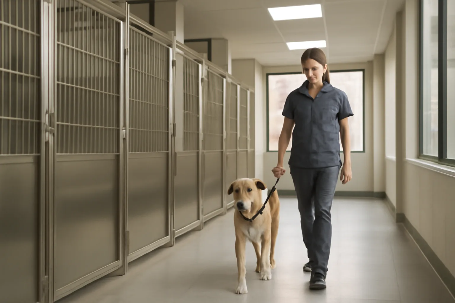 Staff member walking a dog through a New York City dog boarding facility hallway