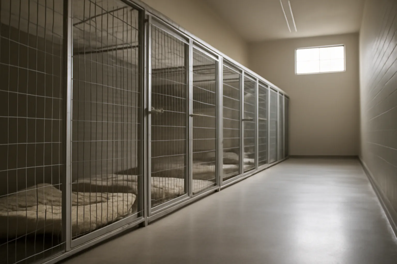 Empty kennel runs in a clean indoor pet boarding facility hallway