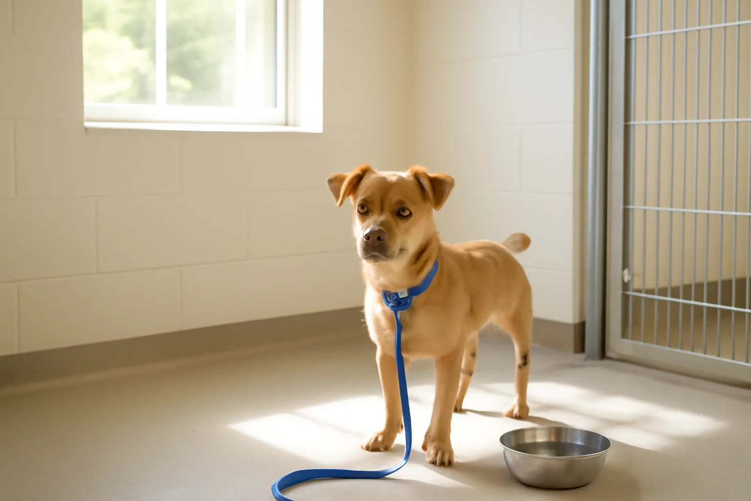 Sunlit indoor dog boarding kennel room with clean flooring and a dog standing near a water bowl