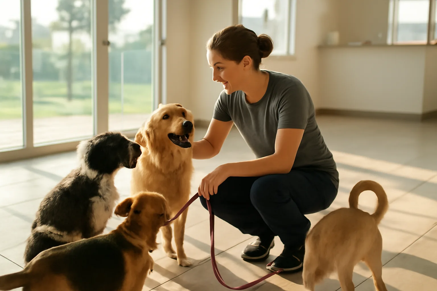 Handler greeting dogs at a sunlit pet day-care center reception area