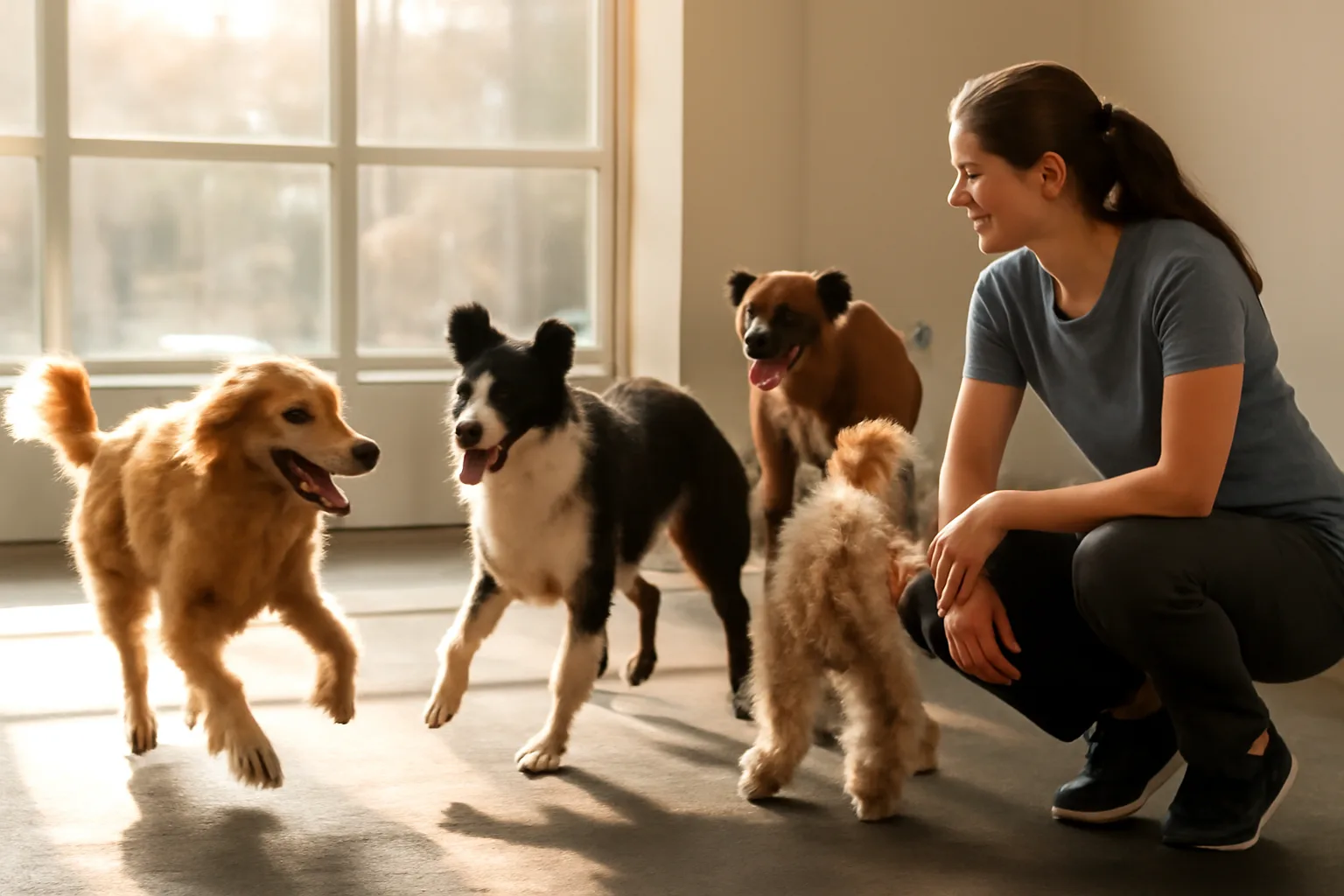 Dogs playing under staff supervision inside a sunlit pet daycare facility