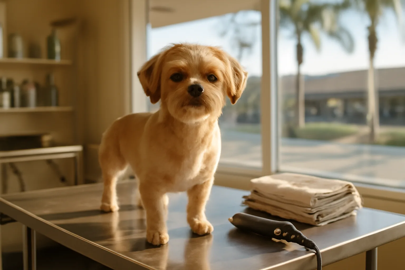 Dog on a grooming table in a Florida pet grooming shop during morning session