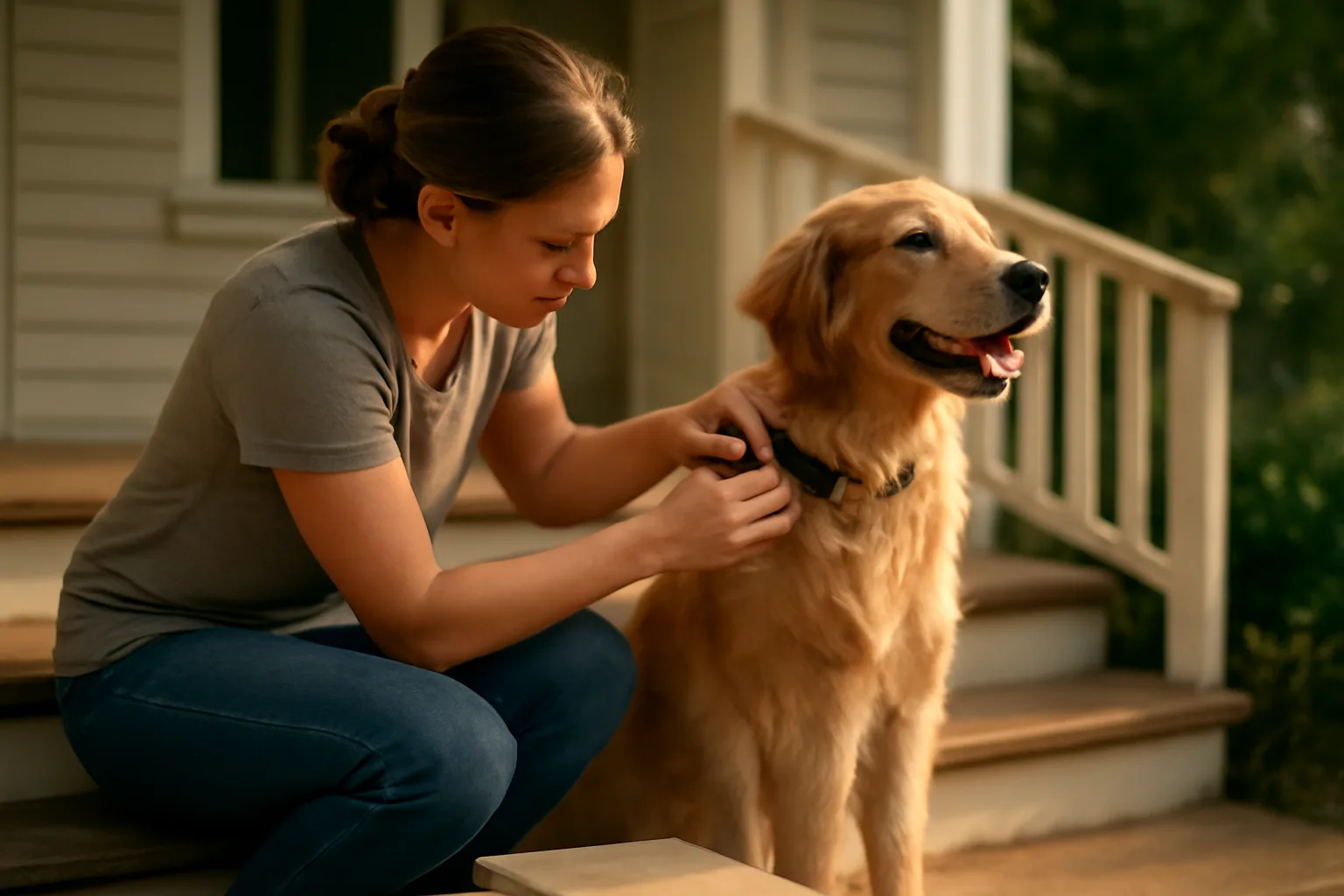 Owner attaching a license tag to a dog's collar during pet registration
