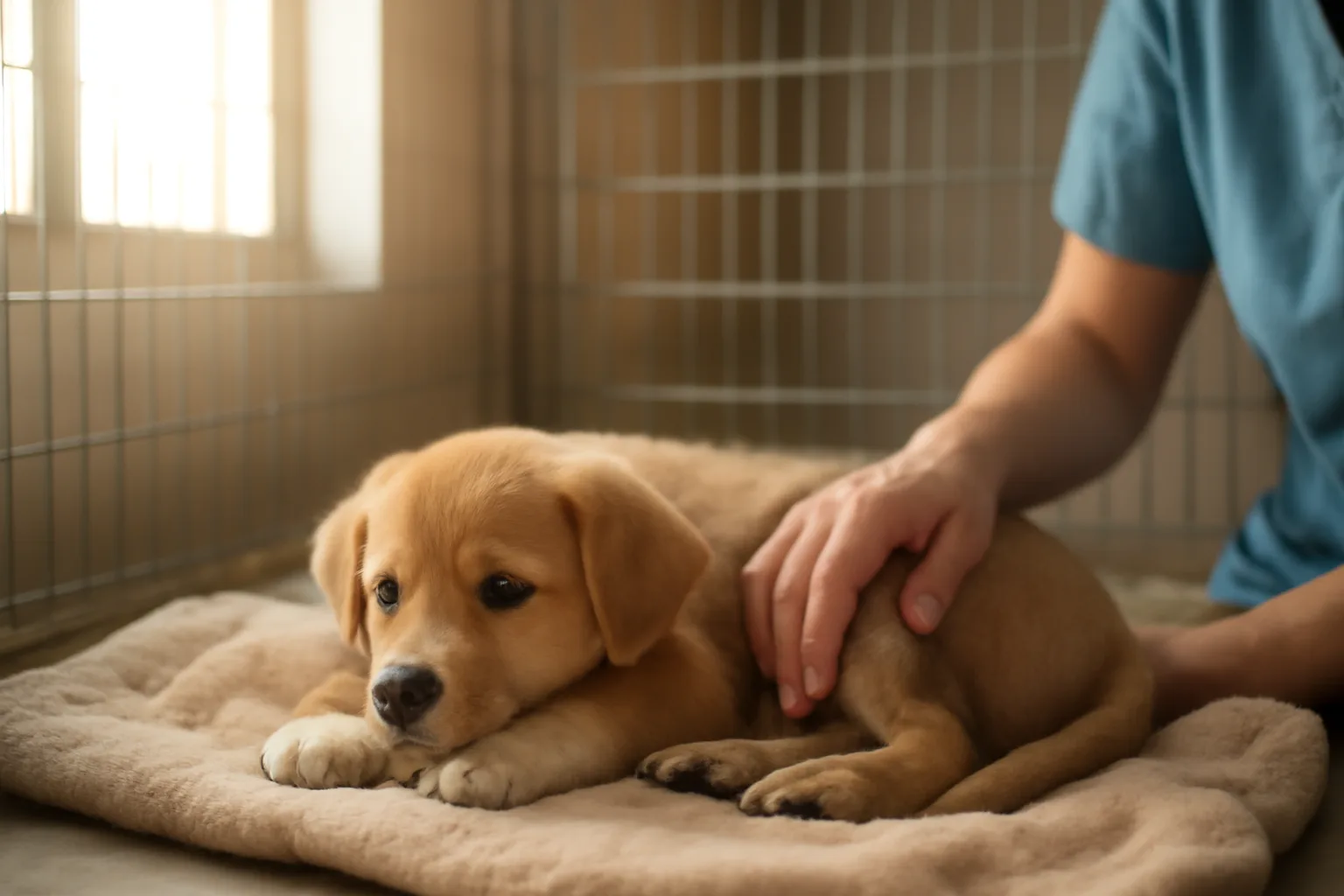 Puppy resting in a clean indoor kennel run during daytime boarding care