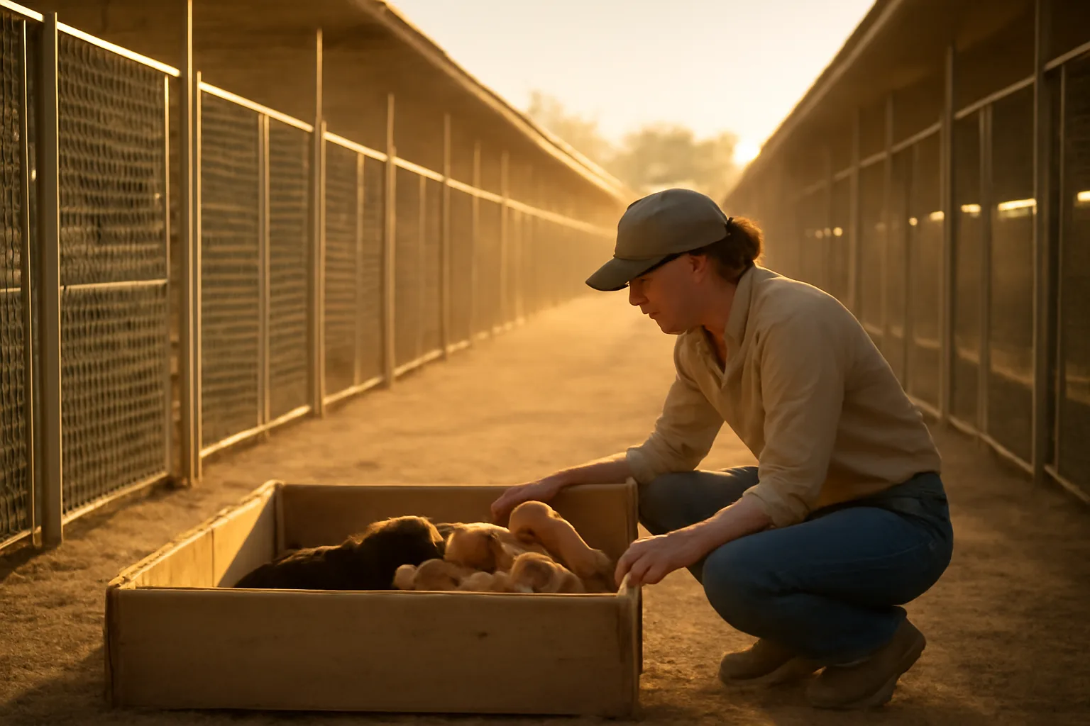 Breeder checking puppies in outdoor kennel runs at a Texas breeding facility
