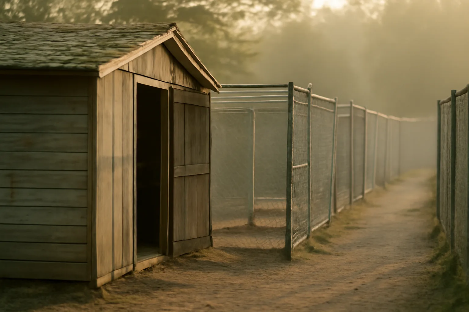 Rural dog breeding kennel yard with runs and whelping shed at sunrise