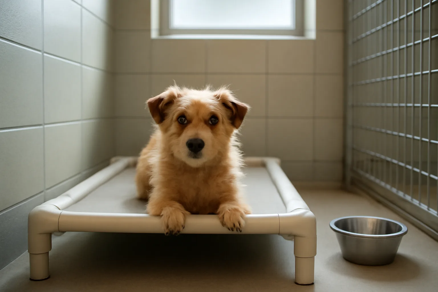 Small dog resting calmly in a clean indoor boarding kennel enclosure