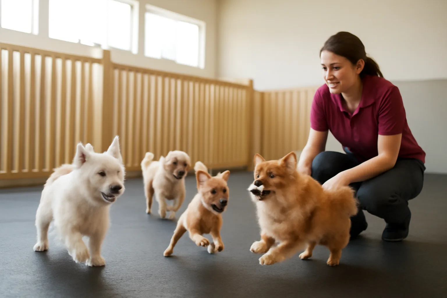 small dogs playing supervised indoors at a small dog daycare facility