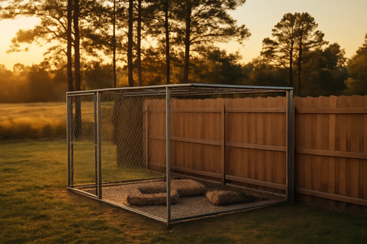 Outdoor kennel runs on a rural South Carolina property at sunset