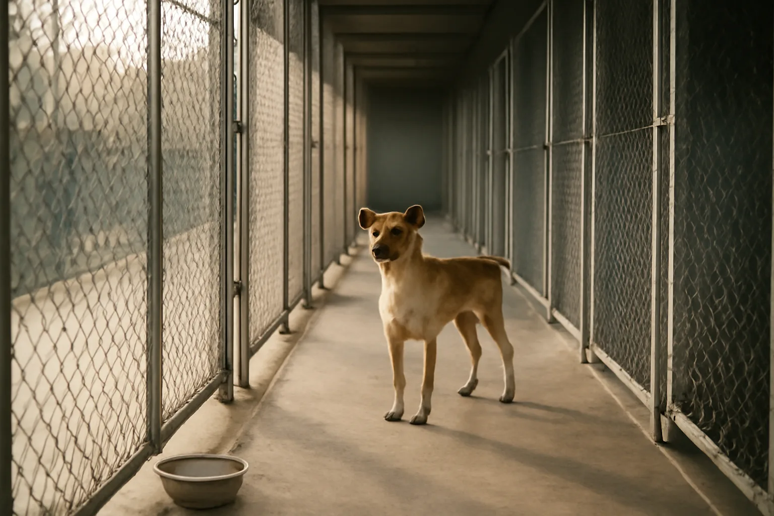 Rows of empty outdoor kennel runs at a dog boarding facility in morning light