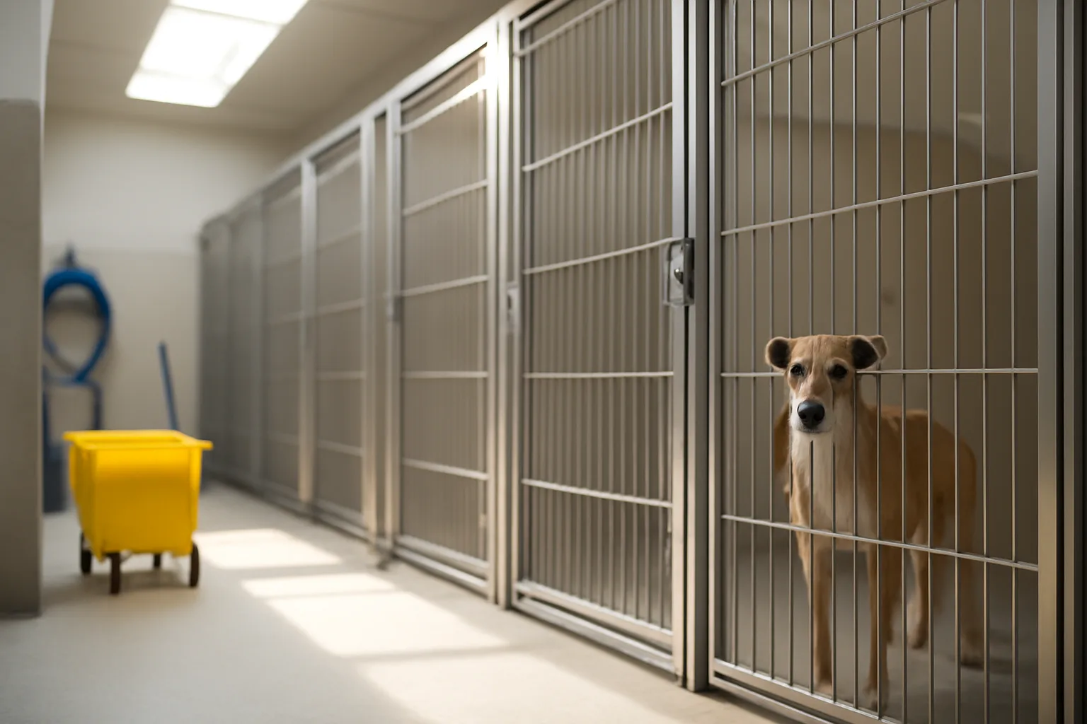 Clean indoor kennel runs with a dog looking out, representing licensed dog boarding care