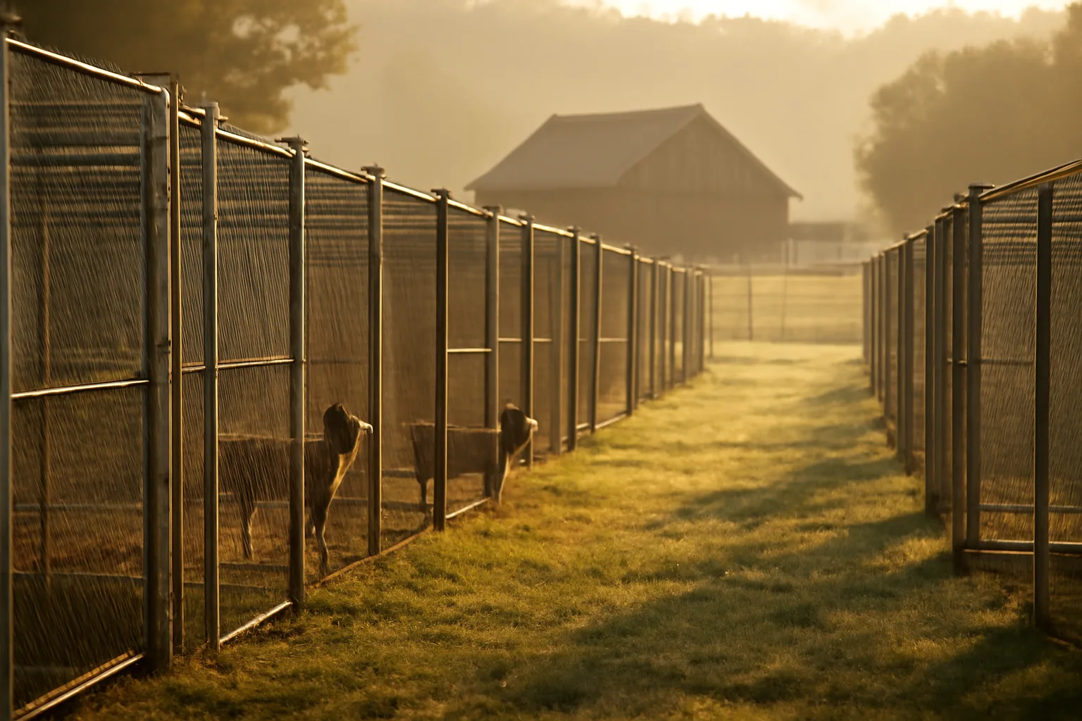 Rural Tennessee dog breeding kennel runs in early morning light