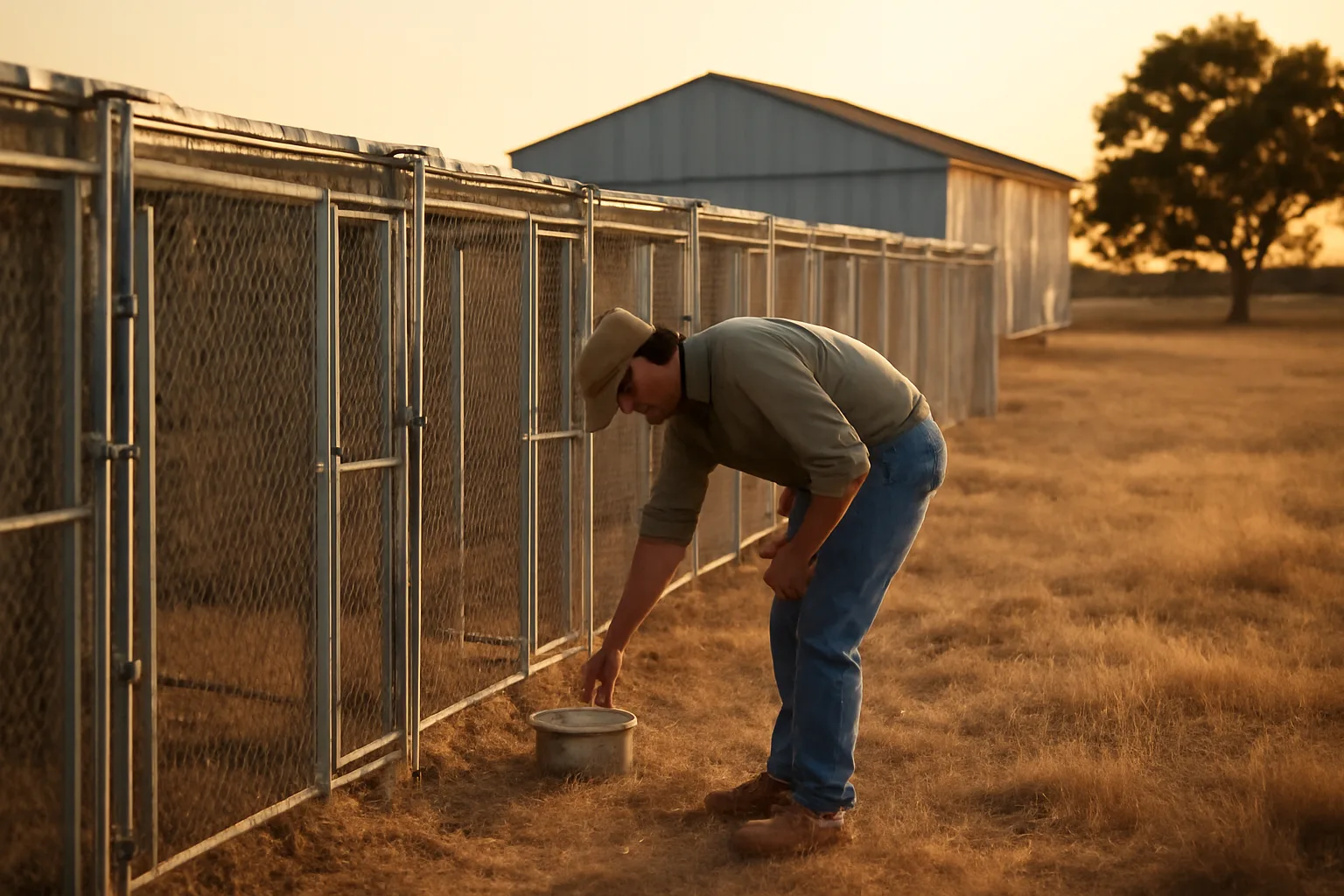 Texas breeder kennel facility with outdoor dog runs at sunset