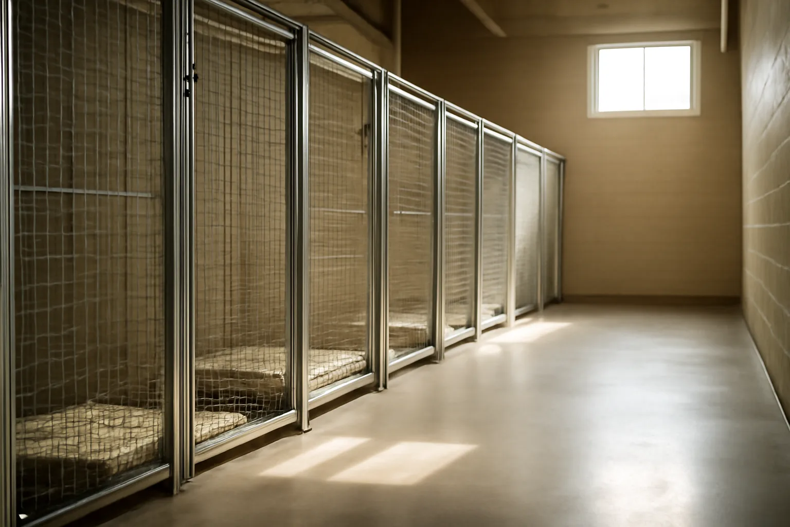 Empty sunlit boarding kennel hallway showing clean dog runs during a dog stay