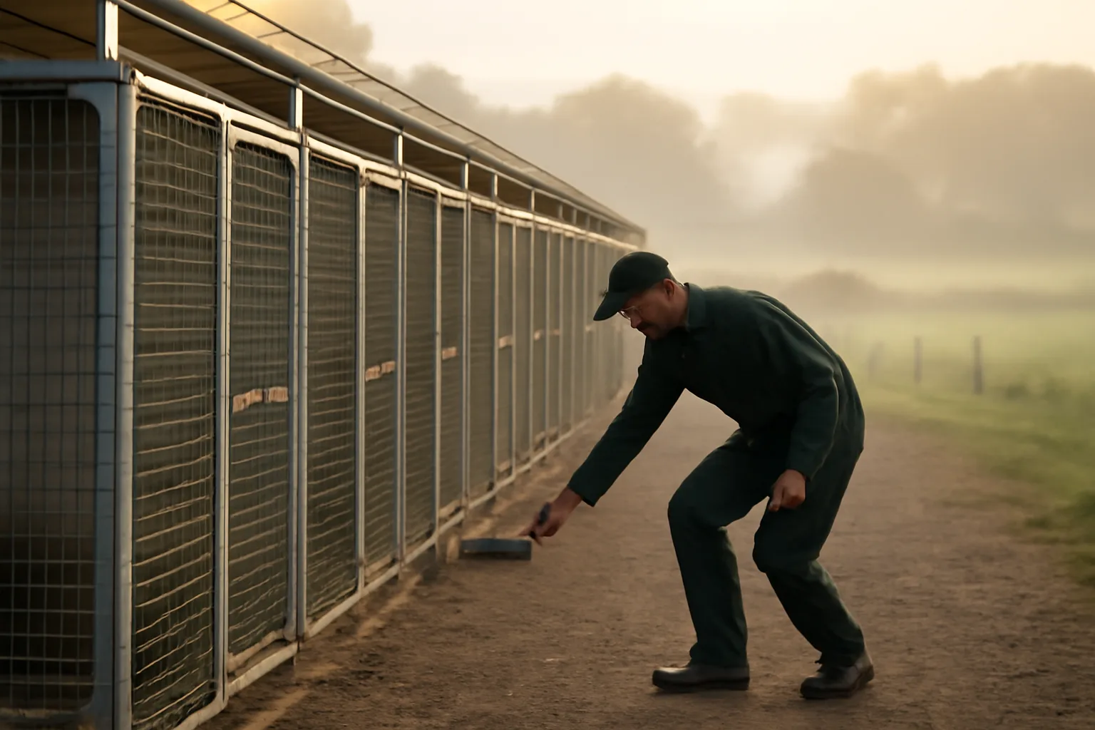 Handler checking outdoor dog runs at a licensed breeding kennel in morning light