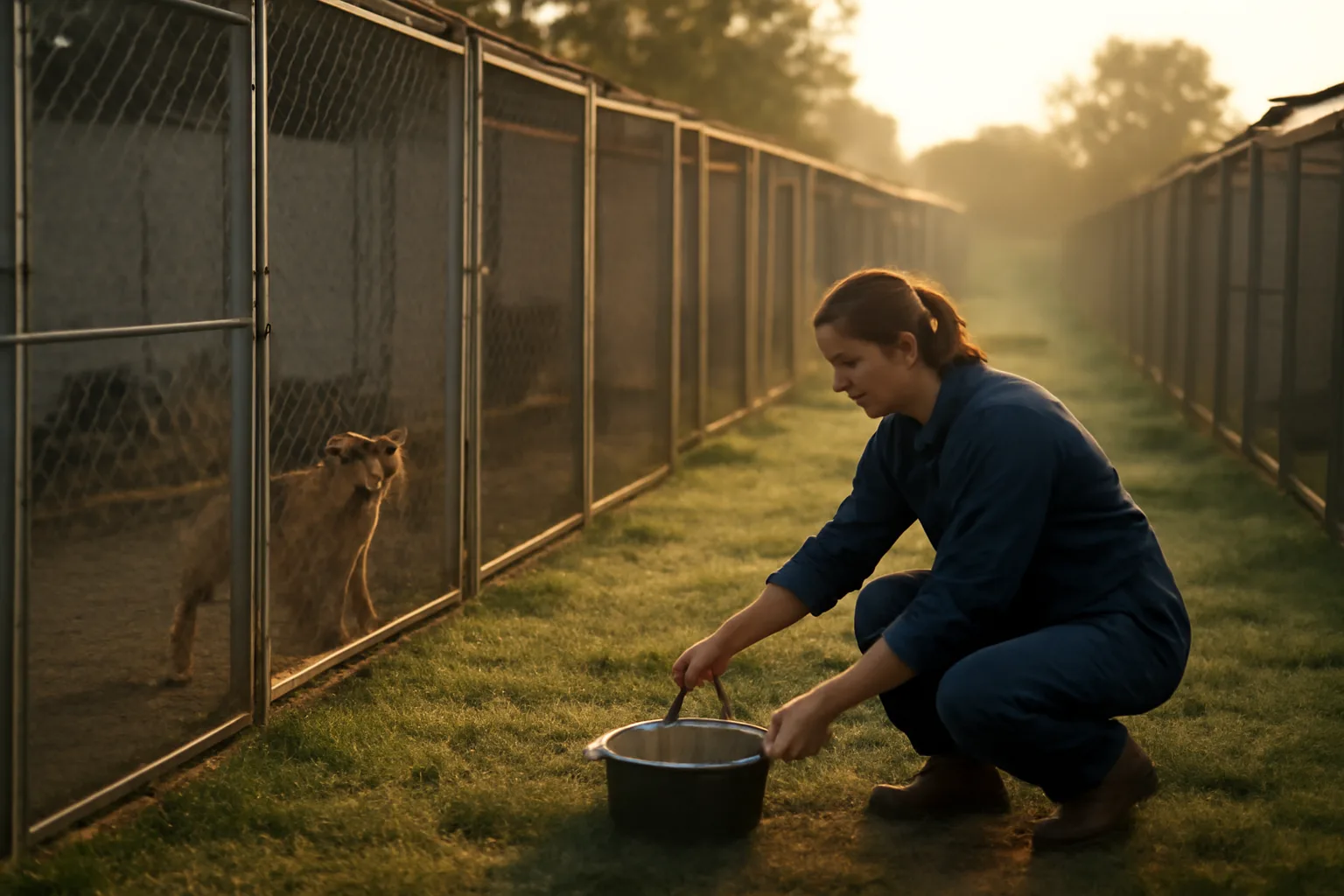 Breeder checking outdoor dog runs at a licensed kennel facility in early morning light