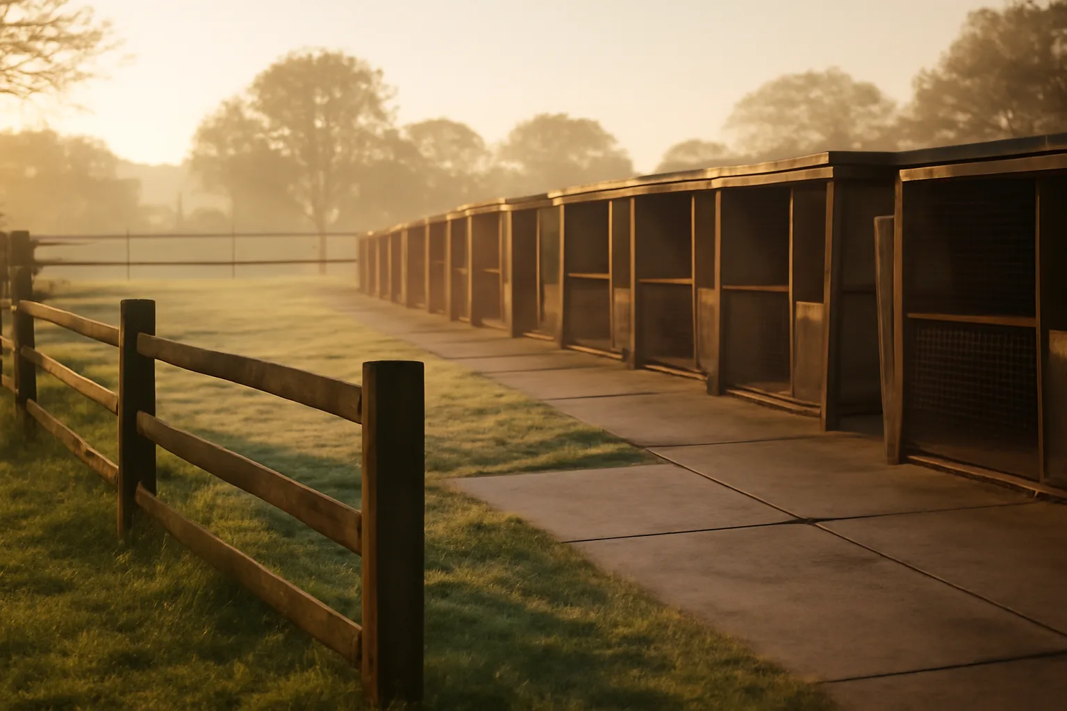 Empty outdoor kennel runs at a licensed animal breeding facility in early morning light