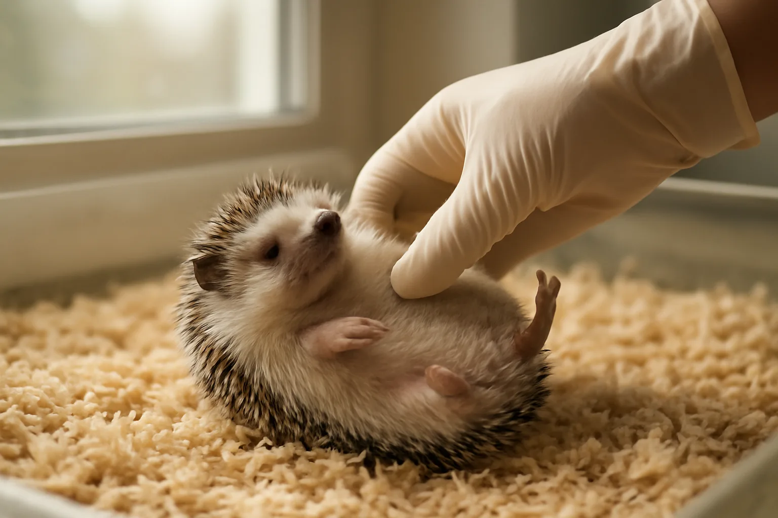 Breeder inspecting a hedgehog in a clean enclosure during a facility check