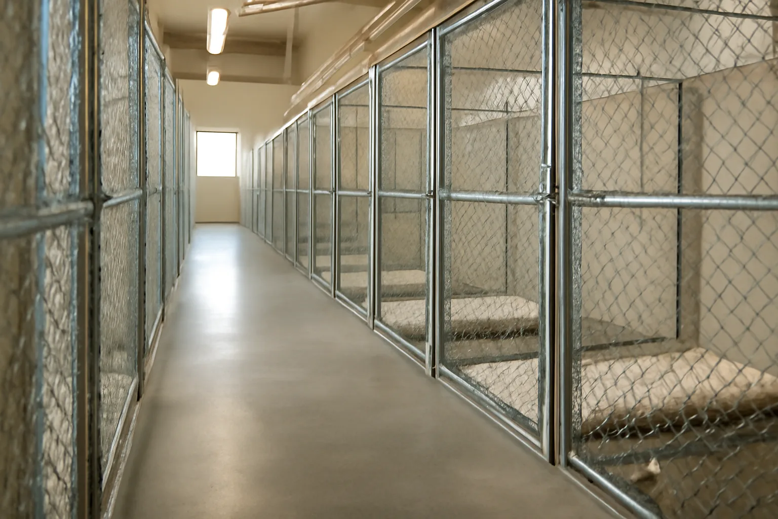 Empty clean kennel runs in a licensed dog boarding facility hallway