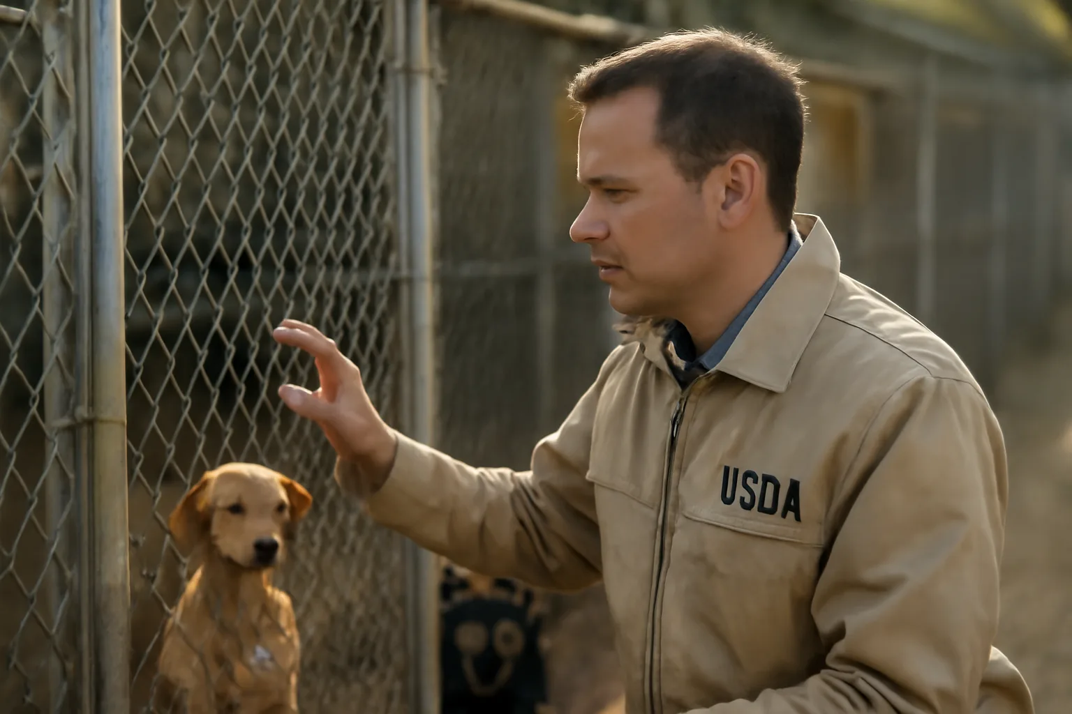 Inspector examining an outdoor kennel enclosure at a licensed animal breeding facility