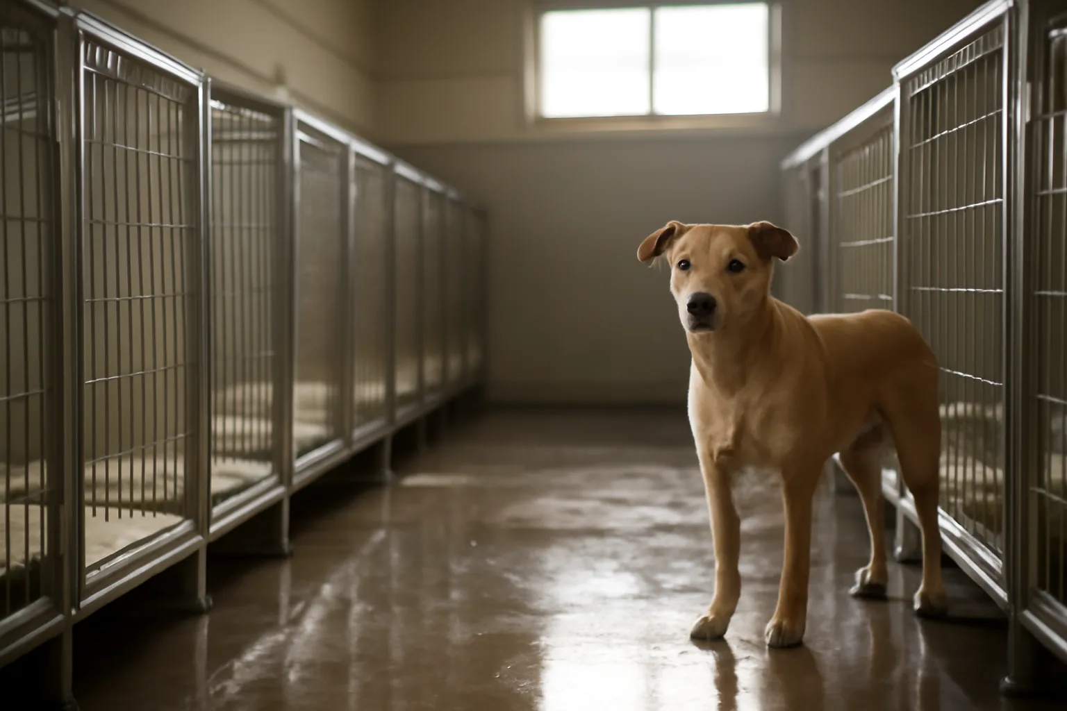 Rows of clean kennel enclosures inside a USDA licensed breeder facility at sunrise