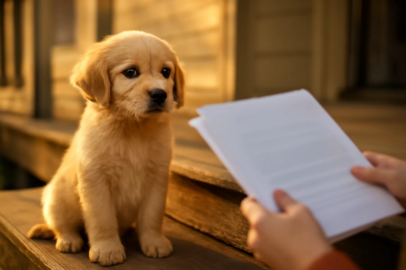 Puppy on a porch step beside an owner holding registration paperwork in soft evening light
