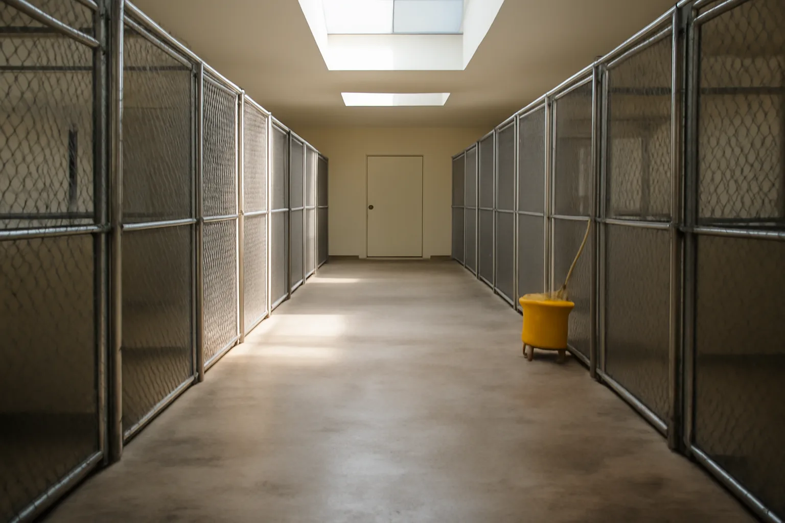 Indoor dog kennel hallway with rows of empty boarding runs and skylight