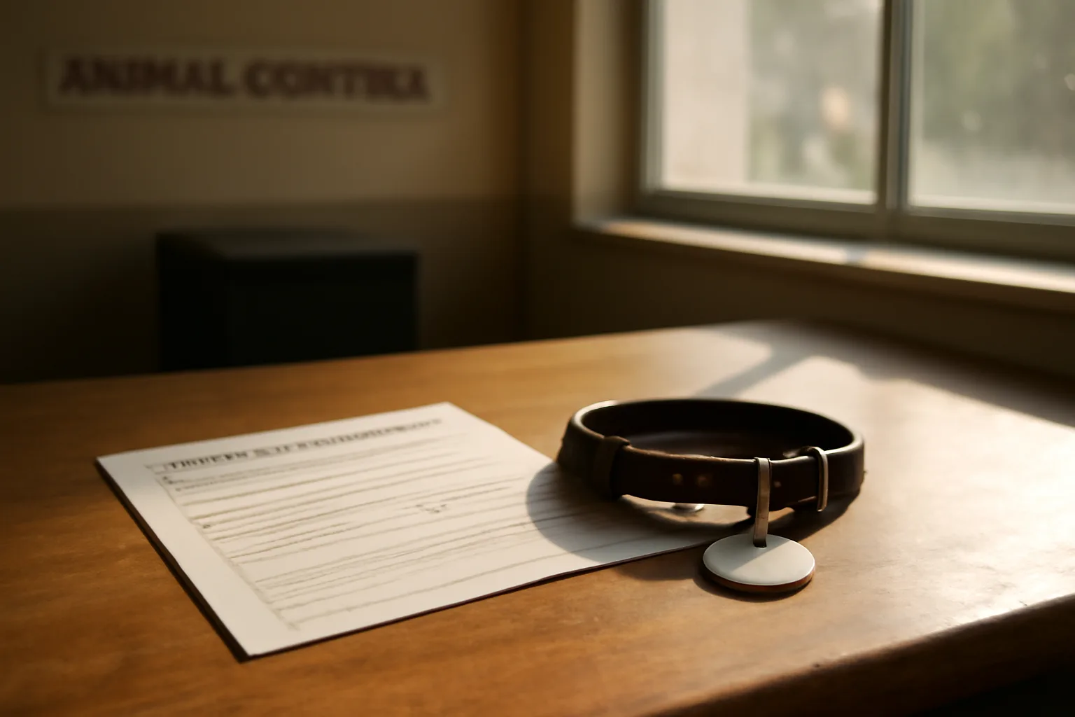 County office counter with a dog collar tag beside vaccination paperwork, illustrating a kennel license