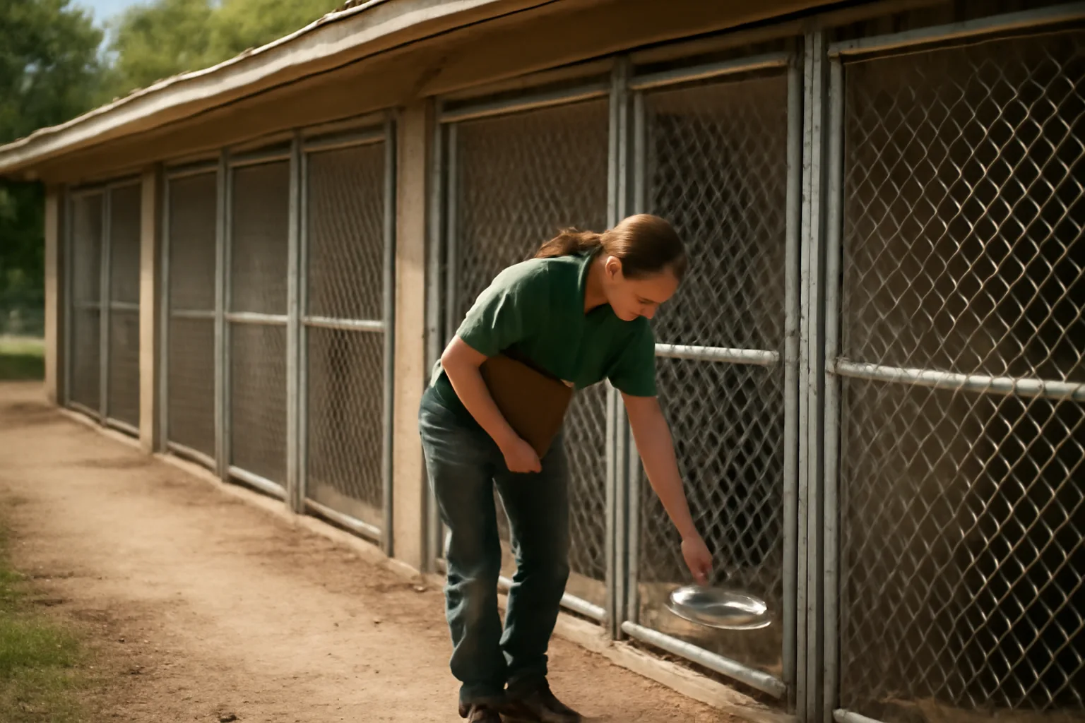 Kennel operator checking outdoor dog runs at a licensed breeding facility