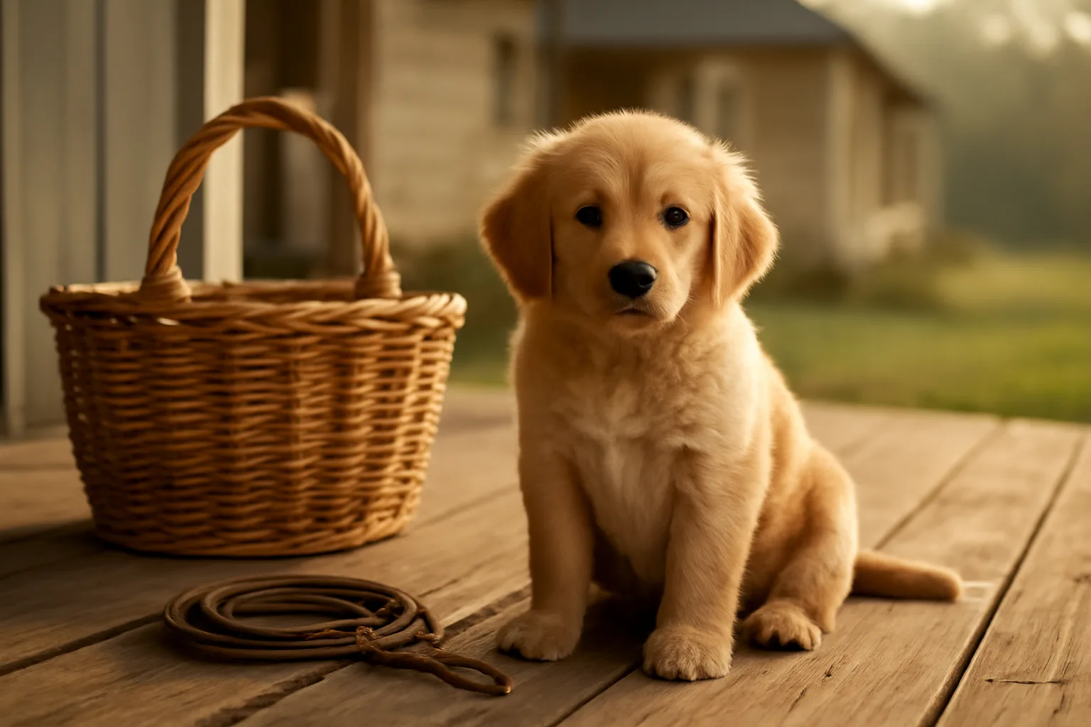 Golden retriever puppy sitting outdoors near a leash and basket