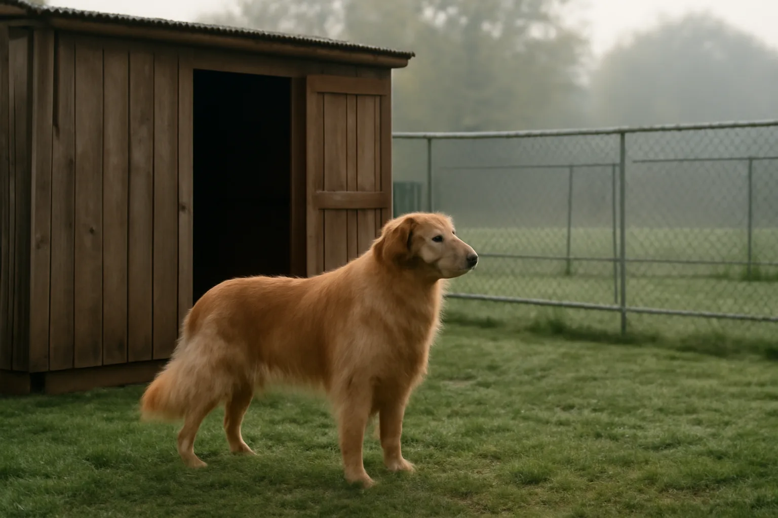 Adult dog standing near a whelping shed in a home breeding kennel yard