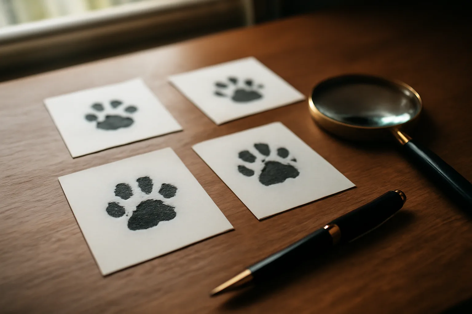 Puppy paw print cards and a magnifying glass on a desk representing dog registration paperwork