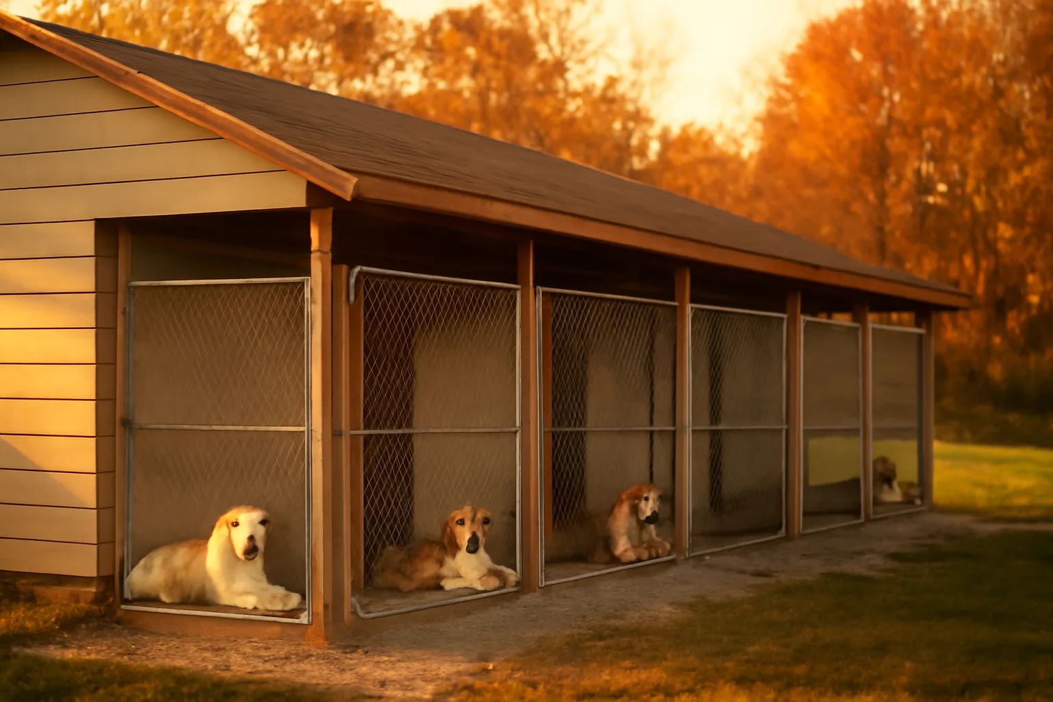 Outdoor dog kennel runs on an Ohio property in late afternoon light