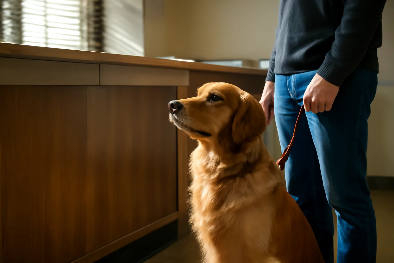 Dog owner standing at a county office counter with a leashed dog beside them