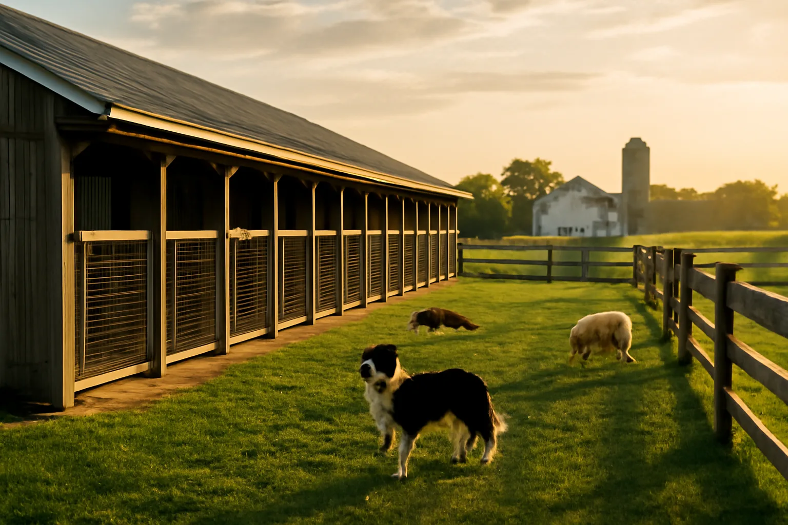 Outdoor dog runs at a Wisconsin kennel facility in evening light