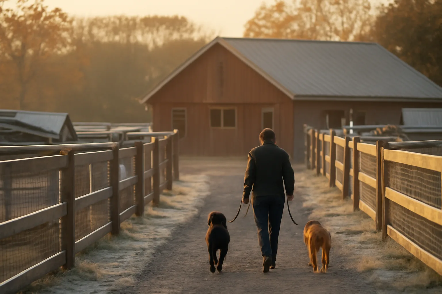 Wisconsin kennel facility with outdoor dog runs at sunrise